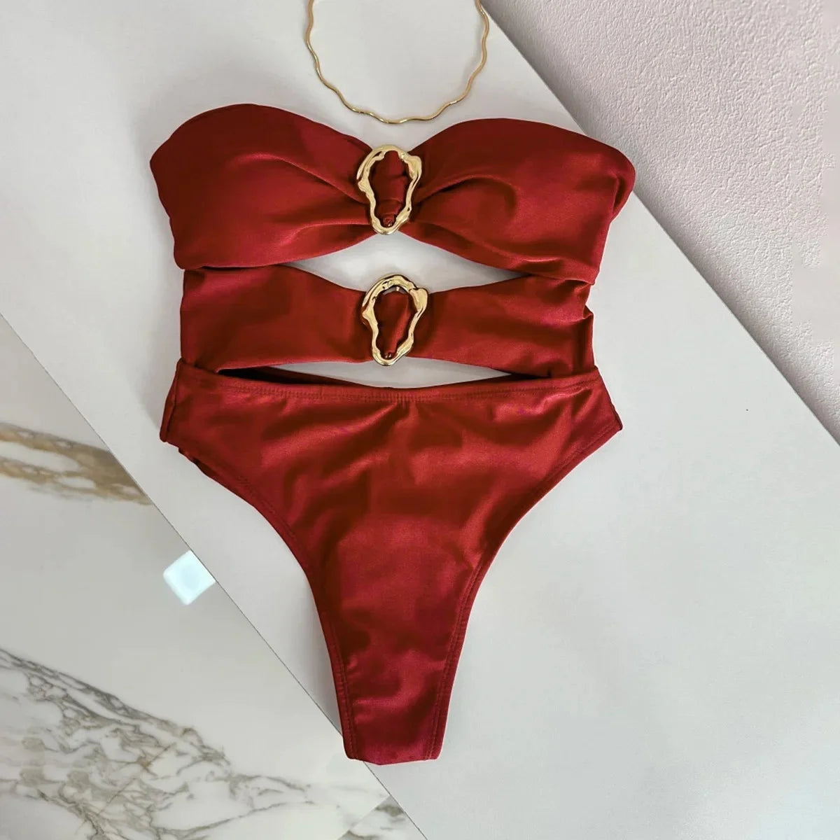 Bandeau One-Piece Swimsuit – Adjustable Strap, Solid Monochrome