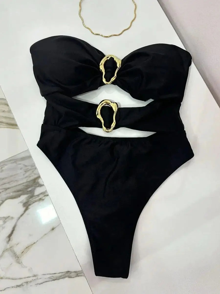 Bandeau One-Piece Swimsuit – Adjustable Strap, Solid Monochrome