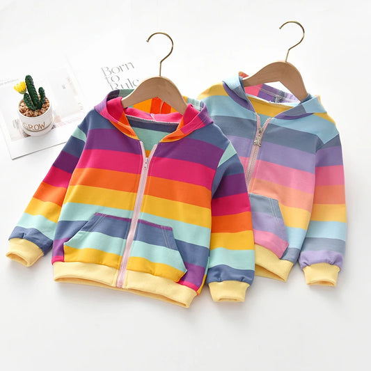 Spring and Autumn Girls' Rainbow Hooded Jacket