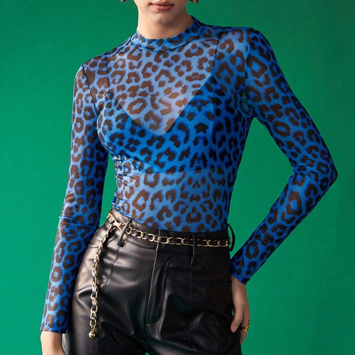 Women's Leopard Mesh Long Sleeve Crew Neck Top – Bold & Elegant High Street Fashion