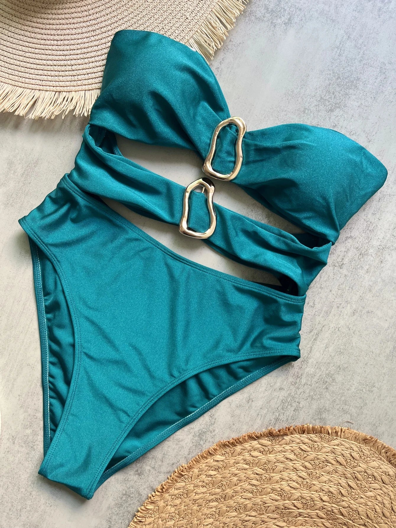 Bandeau One-Piece Swimsuit – Adjustable Strap, Solid Monochrome