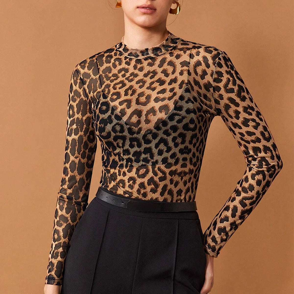 Women's Leopard Mesh Long Sleeve Crew Neck Top – Bold & Elegant High Street Fashion