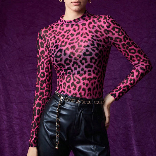Women's Leopard Mesh Long Sleeve Crew Neck Top – Bold & Elegant High Street Fashion