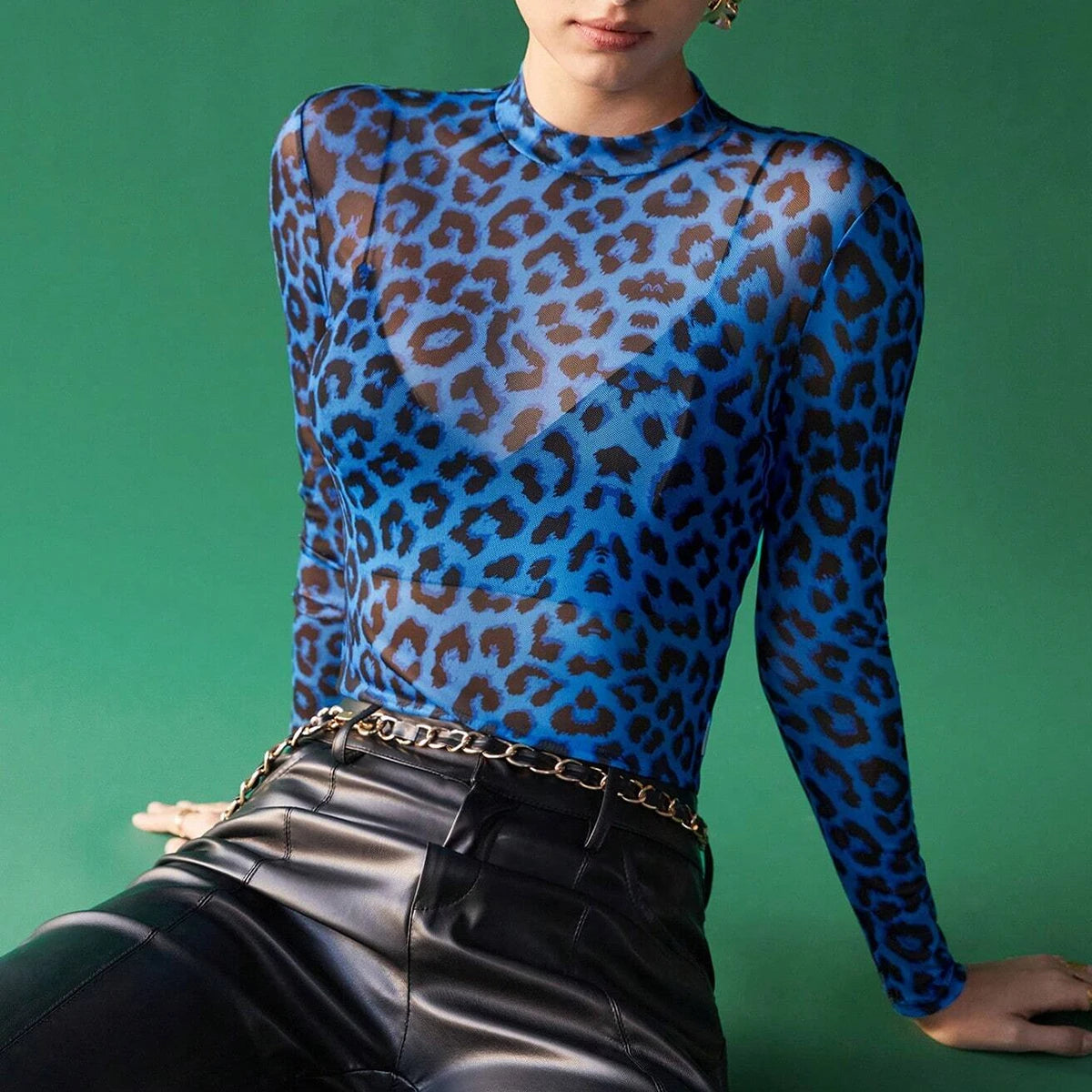 Women's Leopard Mesh Long Sleeve Crew Neck Top – Bold & Elegant High Street Fashion